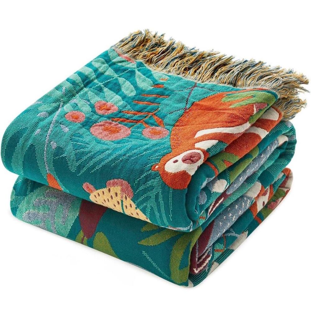 Reversible Forest Animals Embroidery Lightweight Throw Blanket 50x60in